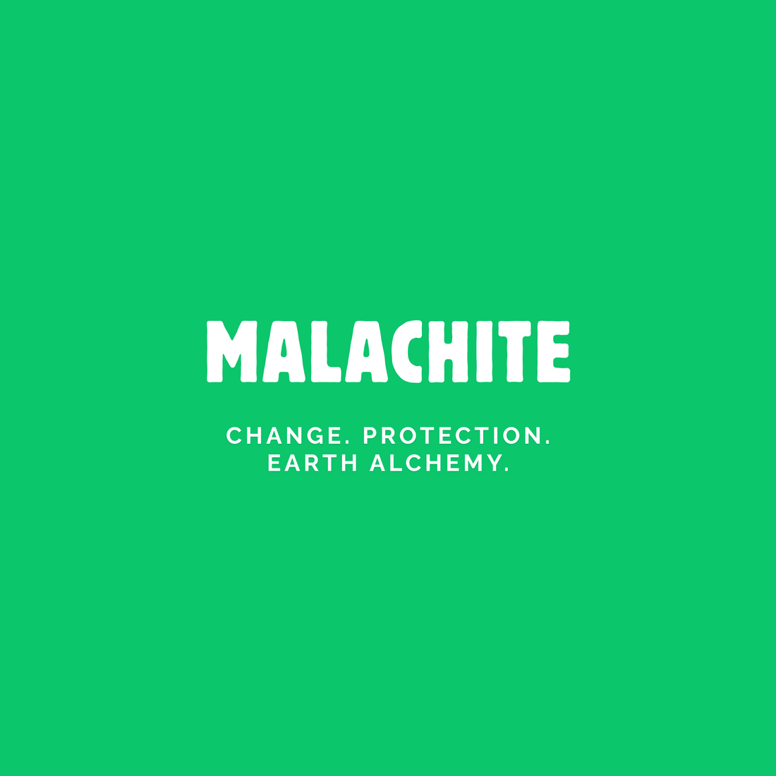 Malachite crystal meaning graphic with bright green background and white text reading “MALACHITE – Change. Protection. Earth Alchemy.” – Azenway