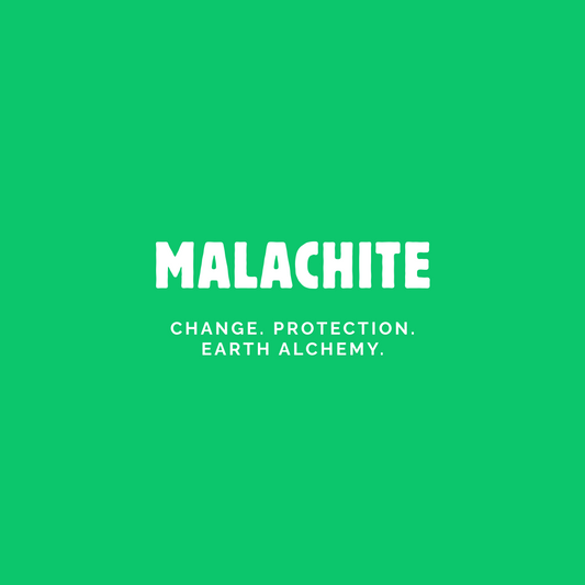 Malachite crystal meaning graphic with bright green background and white text reading “MALACHITE – Change. Protection. Earth Alchemy.” – Azenway