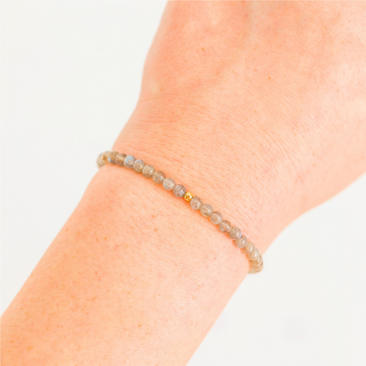 Labradorite Healing Crystal Energy Bracelet with 4mm Natural Gemstones and 14K Gold-Filled Hypoallergenic Bead
