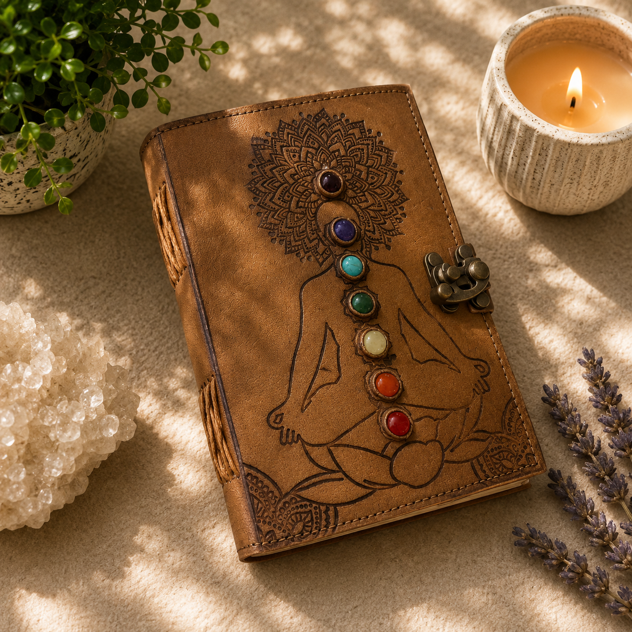 Brown leather chakra journal featuring an embossed meditating figure with seven colorful chakra gemstones and an intricate mandala design on the cover. The journal is finished with a vintage-style metal clasp and displayed on a warm neutral surface alongside a lit candle, green potted plant, lavender sprigs, and a white quartz cluster, creating a cozy, zen-inspired setting.
