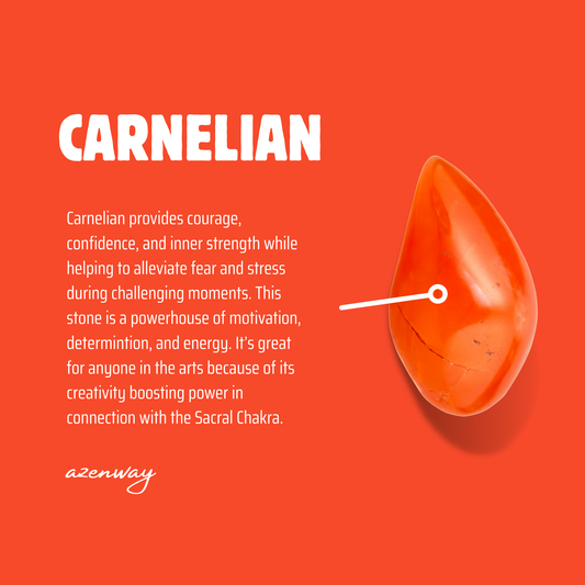 A digital meaning card for carnelian featuring an orange background, a polished carnelian stone, and text describing its symbolism and energy.