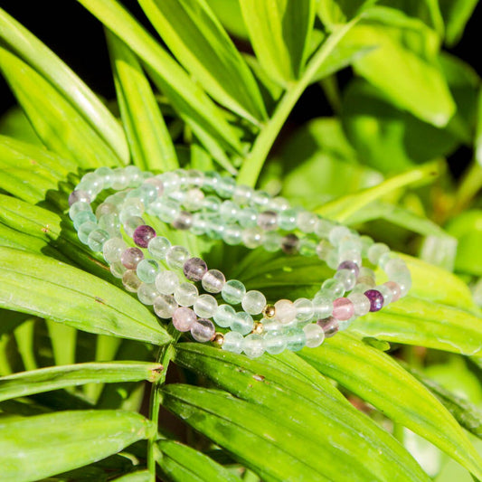 Stack of fluorite gemstone bracelets with gold-filled accents resting on green tropical leaves.