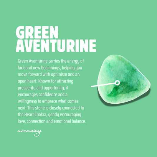 A green aventurine stone with a white pointer against a solid mint green background, accompanied by white text describing its energetic properties and the brand name 'azenway'.