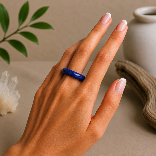 Polished lapis lazuli crystal ring with deep royal blue tones and subtle golden flecks worn on a hand with a French manicure, styled against a warm beige zen-inspired background with clear quartz, greenery, and driftwood.