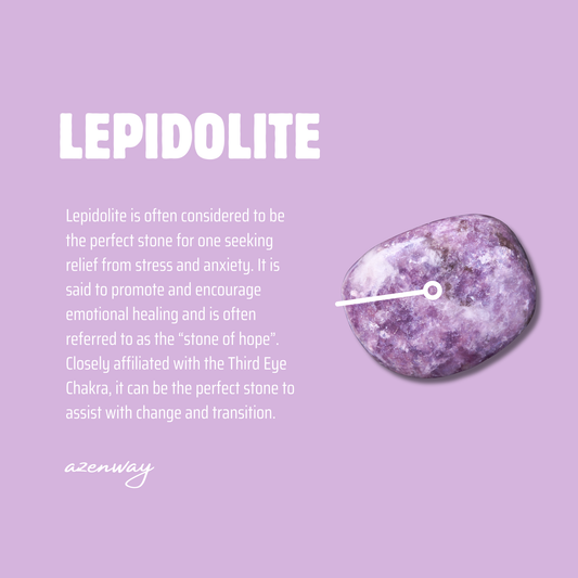 Lepidolite stone meaning card describing the crystalโs calming, emotional-healing properties, with a polished Lepidolite stone illustration.