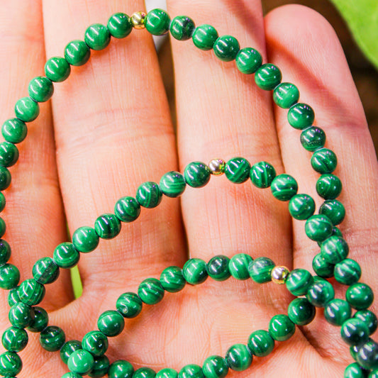 Malachite Healing Crystal Energy Bracelet with 4mm Natural Gemstones and 14K Gold-Filled Hypoallergenic Bead