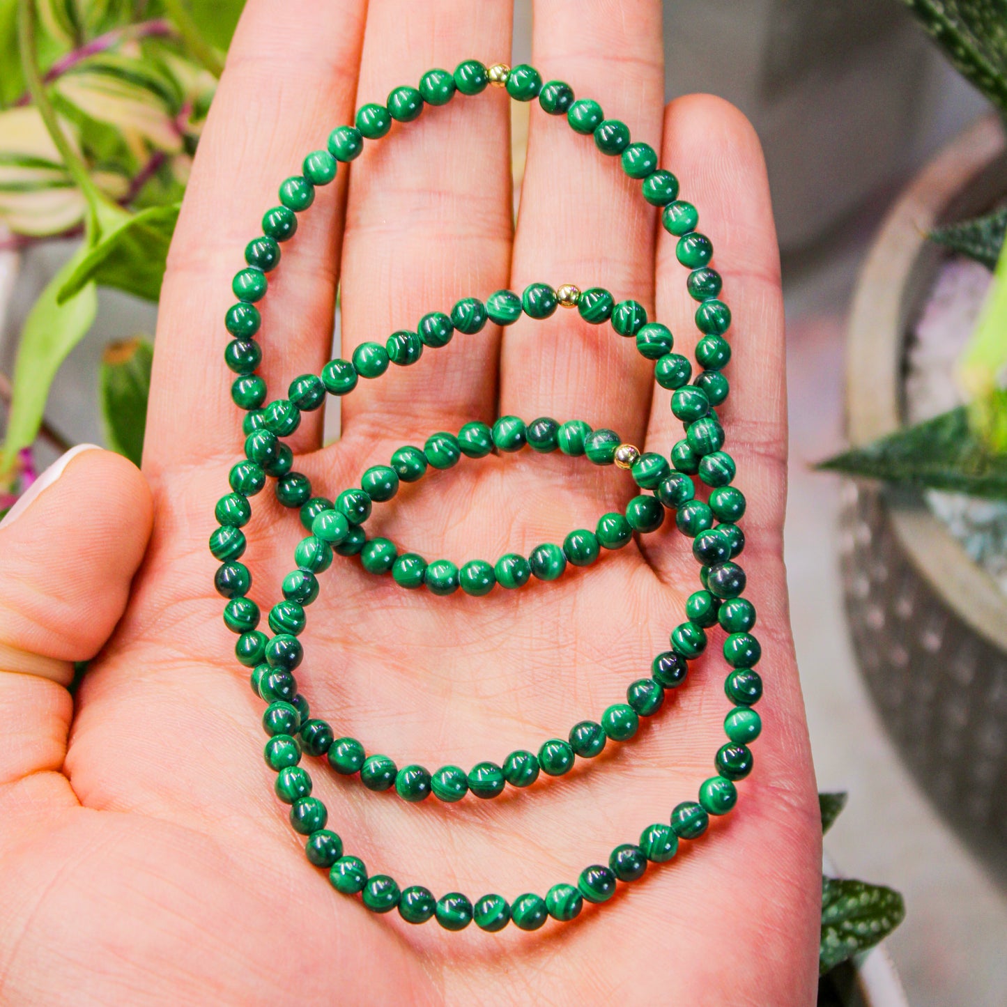 Malachite Healing Crystal Energy Bracelet with 4mm Natural Gemstones and 14K Gold-Filled Hypoallergenic Bead