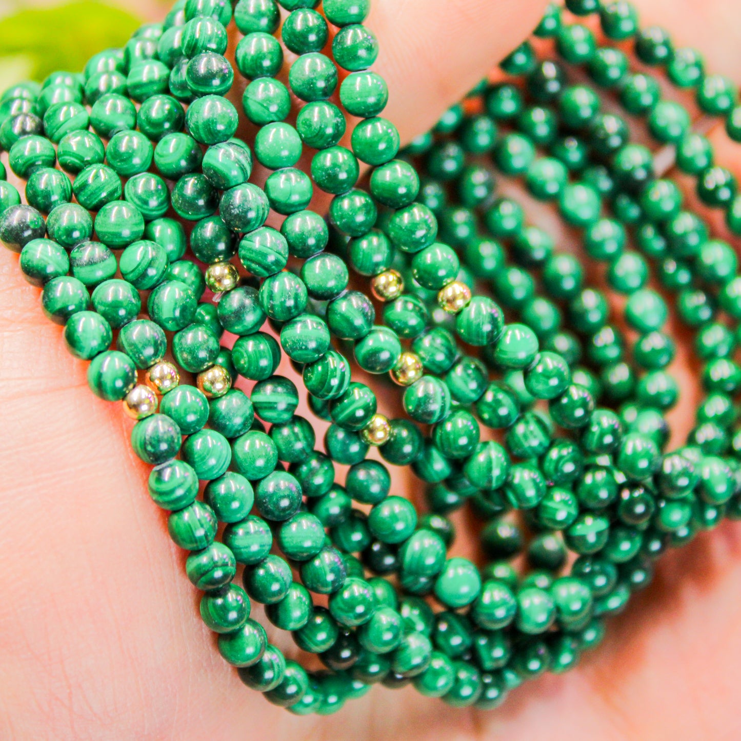 Malachite Healing Crystal Energy Bracelet with 4mm Natural Gemstones and 14K Gold-Filled Hypoallergenic Bead