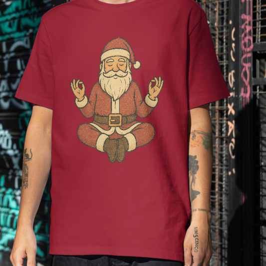 Red t-shirt with a graphic of a meditating Santa Claus in front of a store display.