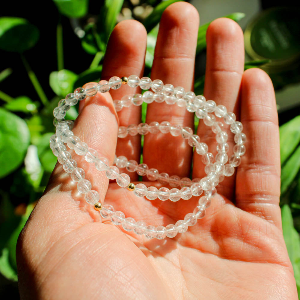 Clear Quartz Healing Crystal Energy Bracelet with 4mm Natural Gemstones and 14K Gold-Filled Hypoallergenic Bead