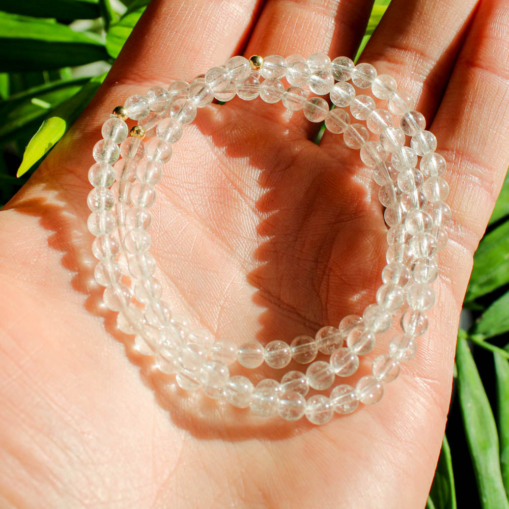 Clear Quartz Healing Crystal Energy Bracelet with 4mm Natural Gemstones and 14K Gold-Filled Hypoallergenic Bead
