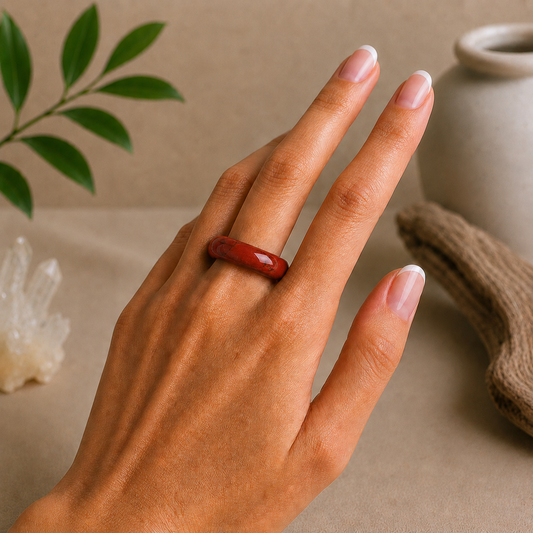Polished red jasper crystal ring worn on a hand with a French manicure, styled against a warm beige zen-inspired background with clear quartz, driftwood, greenery, and a ceramic vase.
