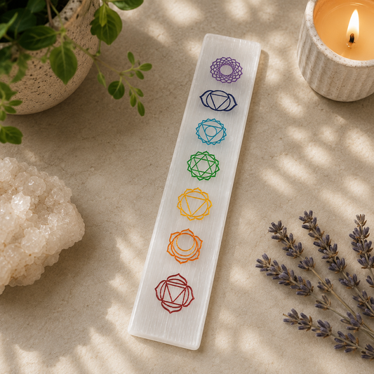 White selenite charging plate engraved with the seven chakra symbols, displayed on a warm neutral surface. A lit candle, green potted plant, lavender sprigs, and a white quartz cluster surround the crystal, while soft natural light creates gentle shadows for a calming, spa-inspired, zen aesthetic.