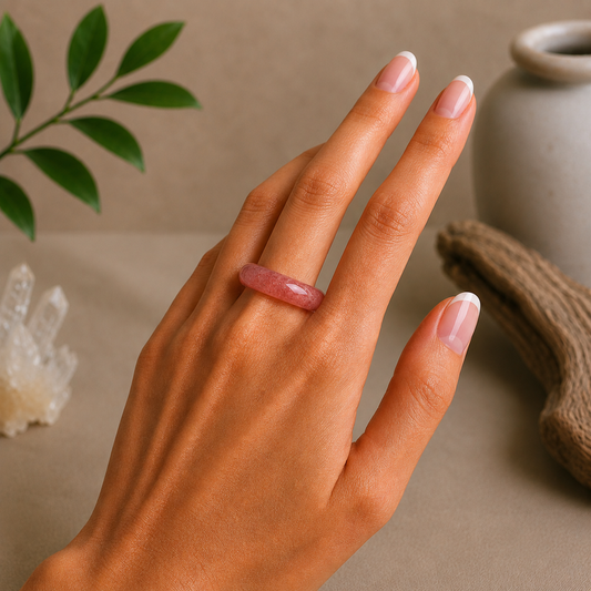 Polished strawberry quartz crystal ring with soft translucent pink and red tones worn on a hand with a French manicure, styled against a warm beige zen-inspired background with clear quartz, greenery, and driftwood.