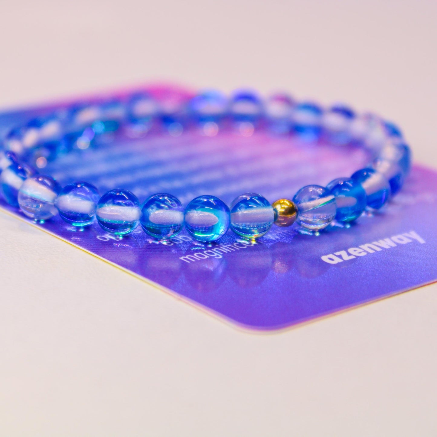 Enchanting Blue Mystic Glass Healing Bracelet Iridescent 6mm Beads with Hypoallergenic 14k Gold-Filled Accent