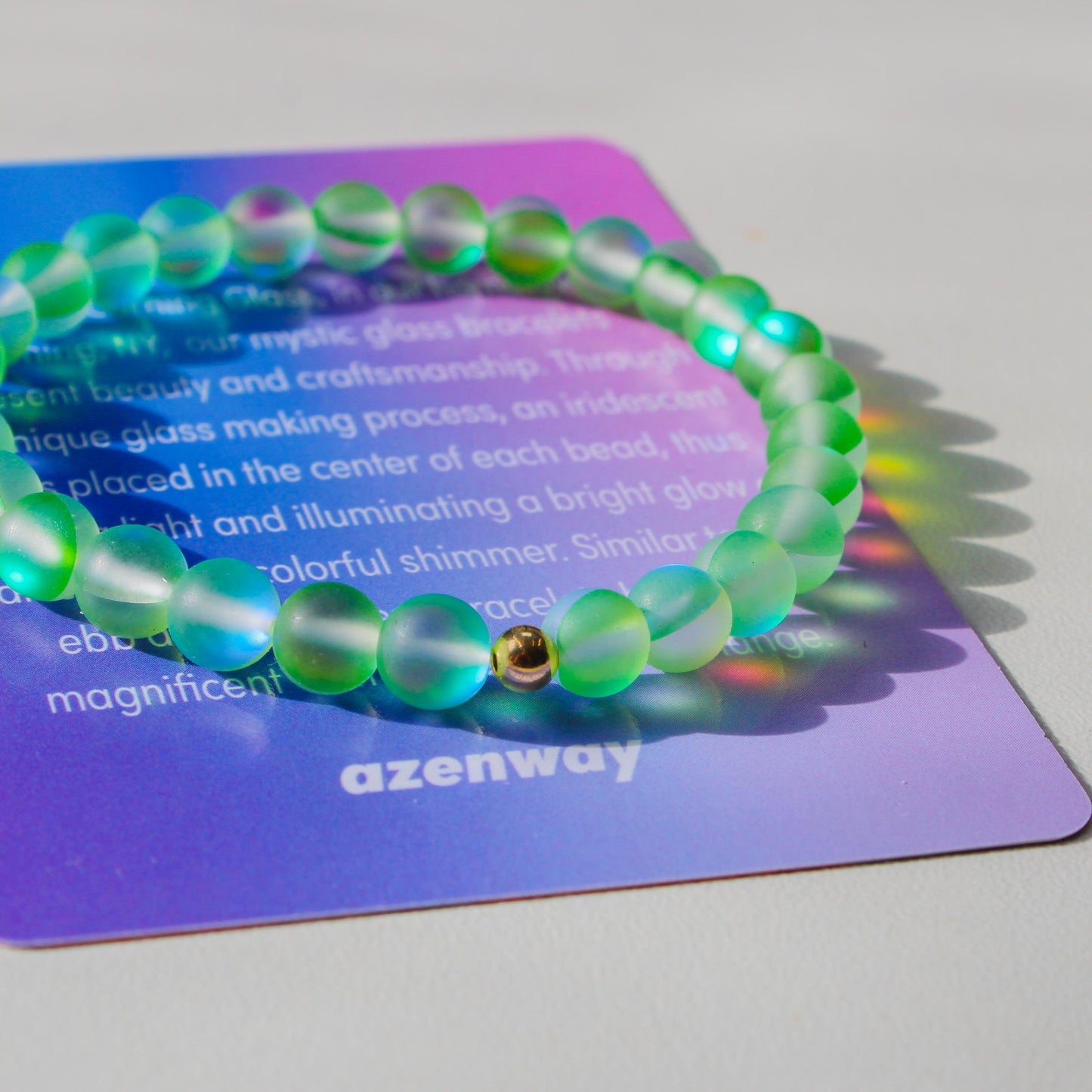 Enchanting Mystic Glass Frosted Green Healing Bracelet Iridescent 6mm Beads with Hypoallergenic 14k Gold-Filled Accent