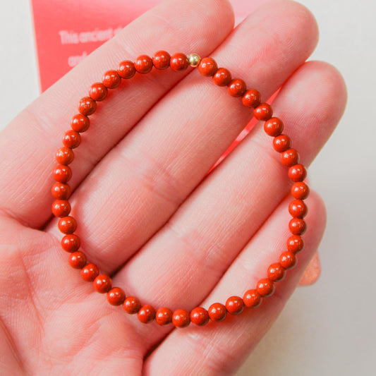 Red Jasper Healing Crystal Energy Bracelet with 4mm Natural Gemstones and 14K Gold-Filled Hypoallergenic Bead