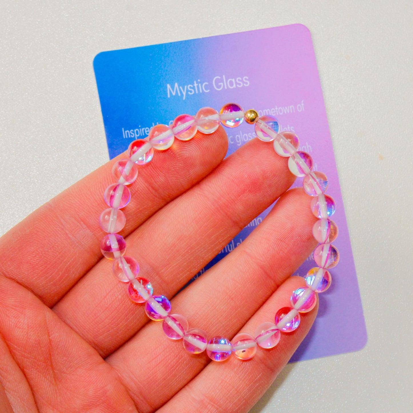 Enchanting Mystic Glass Pink Healing Bracelet Iridescent 6mm Beads with Hypoallergenic 14k Gold-Filled Accent