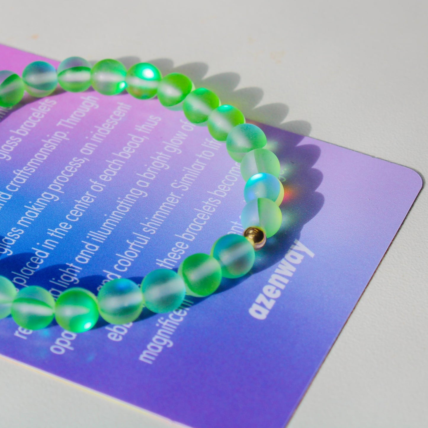Enchanting Mystic Glass Frosted Green Healing Bracelet Iridescent 6mm Beads with Hypoallergenic 14k Gold-Filled Accent