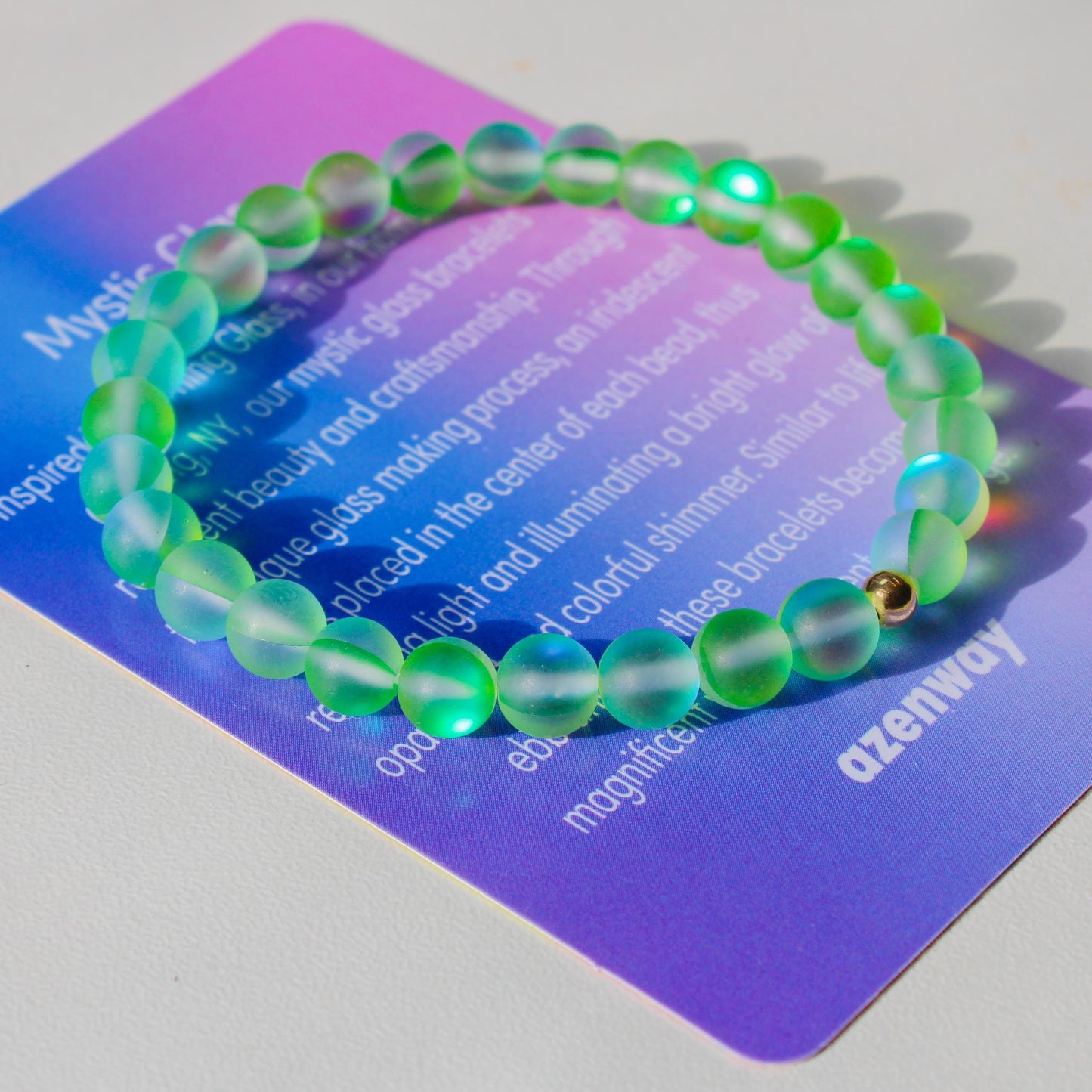 Enchanting Mystic Glass Frosted Green Healing Bracelet Iridescent 6mm Beads with Hypoallergenic 14k Gold-Filled Accent