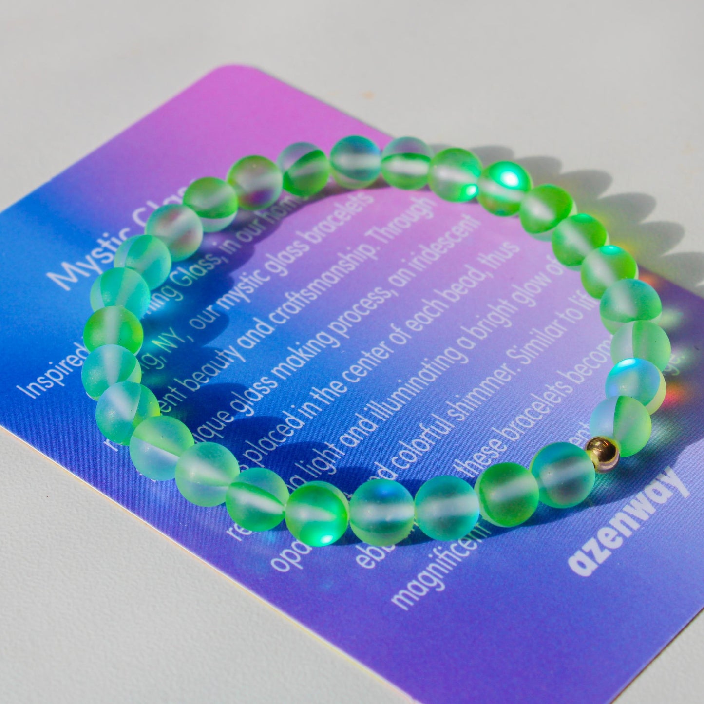Enchanting Mystic Glass Frosted Green Healing Bracelet Iridescent 6mm Beads with Hypoallergenic 14k Gold-Filled Accent