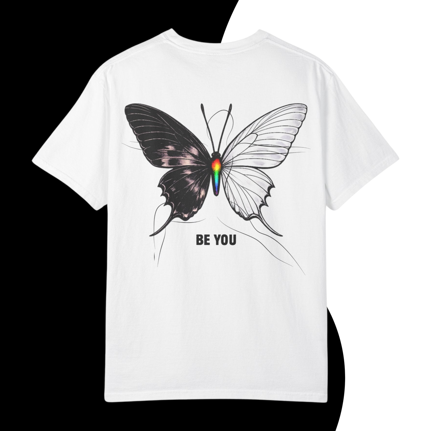 Black and white yin-yang butterfly with rainbow aura body and “Be You” message on white Azenway spiritual transformation t-shirt