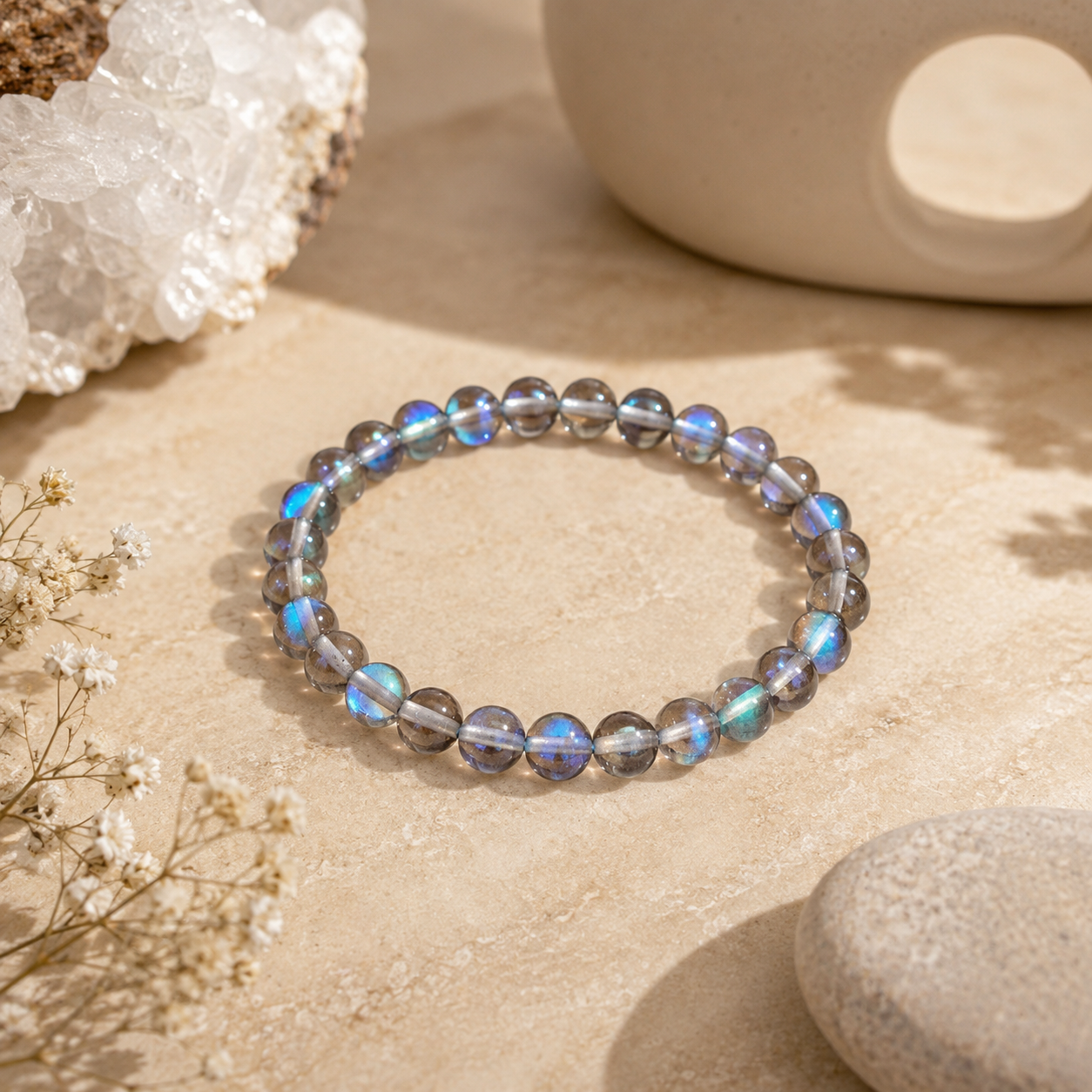 Iridescent Mystic Glass bracelet in a cotton Azenway pouch with a colorful gradient card.