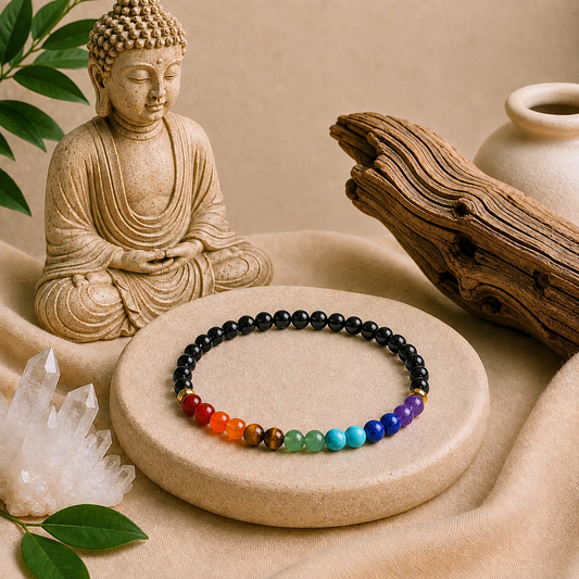 7 Chakra Black Obsidian Bracelet | Gold or Silver Accents