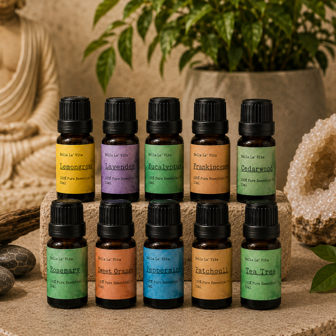 Ten Bella La' Vita 10 ml essential oil bottles displayed on a zen-inspired stone pedestal. Scents include Lemongrass, Lavender, Eucalyptus, Frankincense, Cedarwood, Rosemary, Sweet Orange, Peppermint, Patchouli, and Tea Tree, with a Buddha statue, greenery, driftwood, and crystal geode in the background.