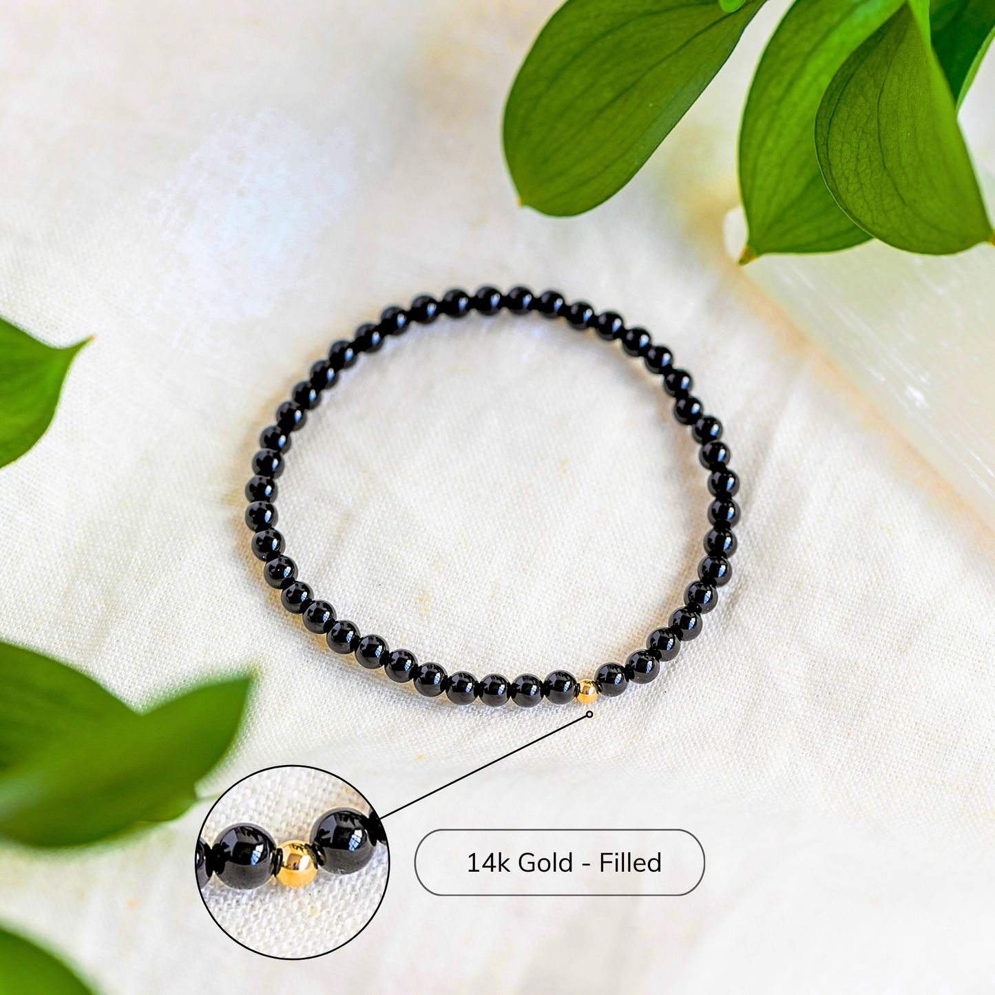 Black Tourmaline Healing Crystal Energy Bracelet with 4mm Natural Gemstones and 14K Gold-Filled Hypoallergenic Bead