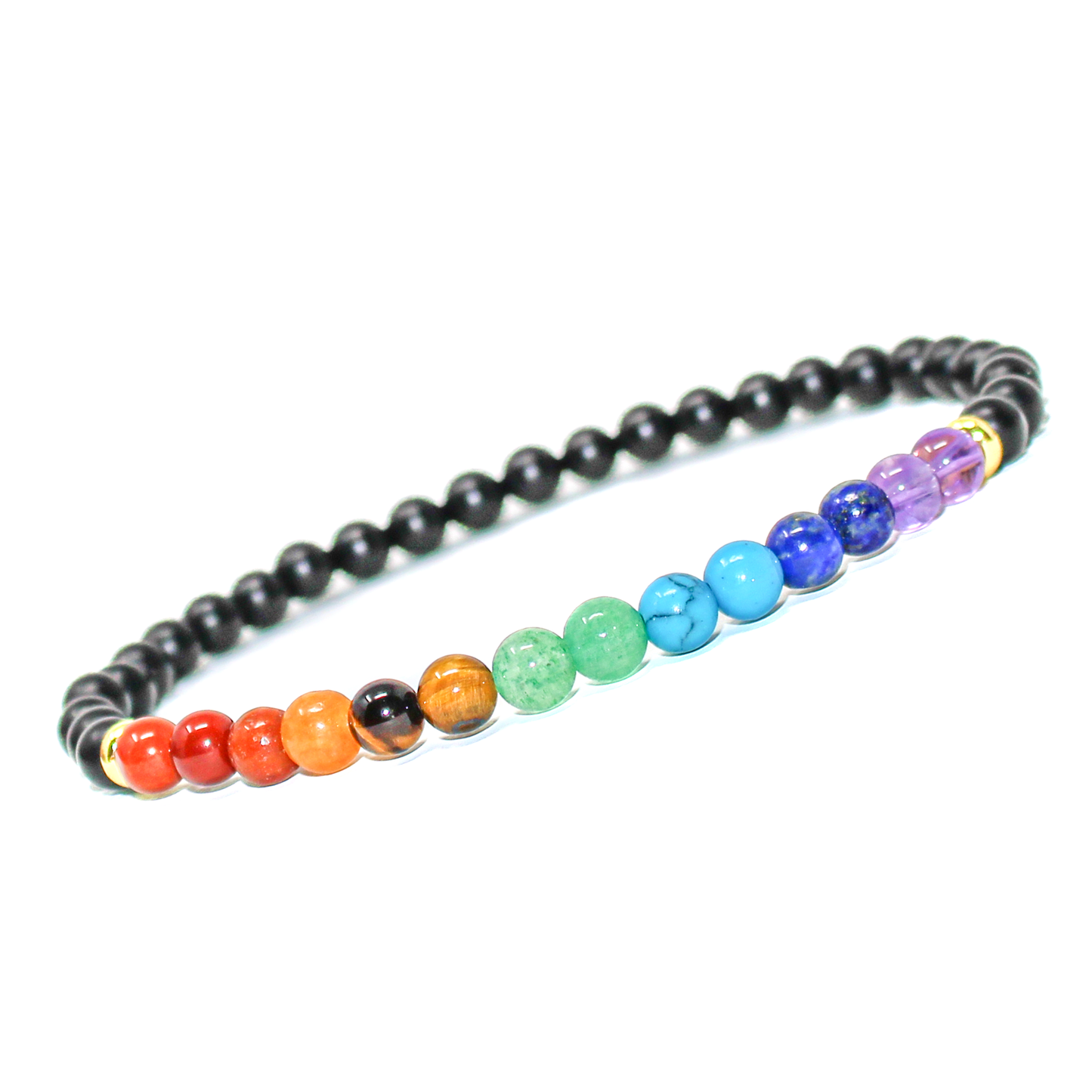 7 Chakra Black Onyx Crystal Energy Bracelet with Hypoallergenic 14k Gold Filled Beads