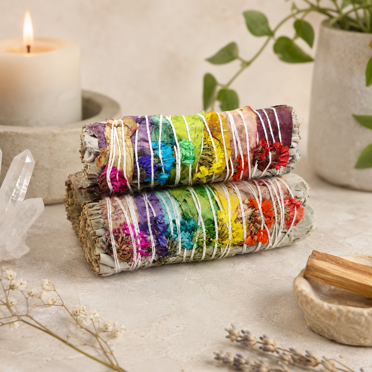Three 7 Chakra White Sage smudge bundles wrapped with vibrant rainbow-colored dried flower petals are stacked on a warm neutral surface. The hand-tied sage bundles are surrounded by a glowing candle, crystal point, green potted plants, dried botanicals, and a Palo Santo holder, creating a colorful, calming, zen-inspired product display.