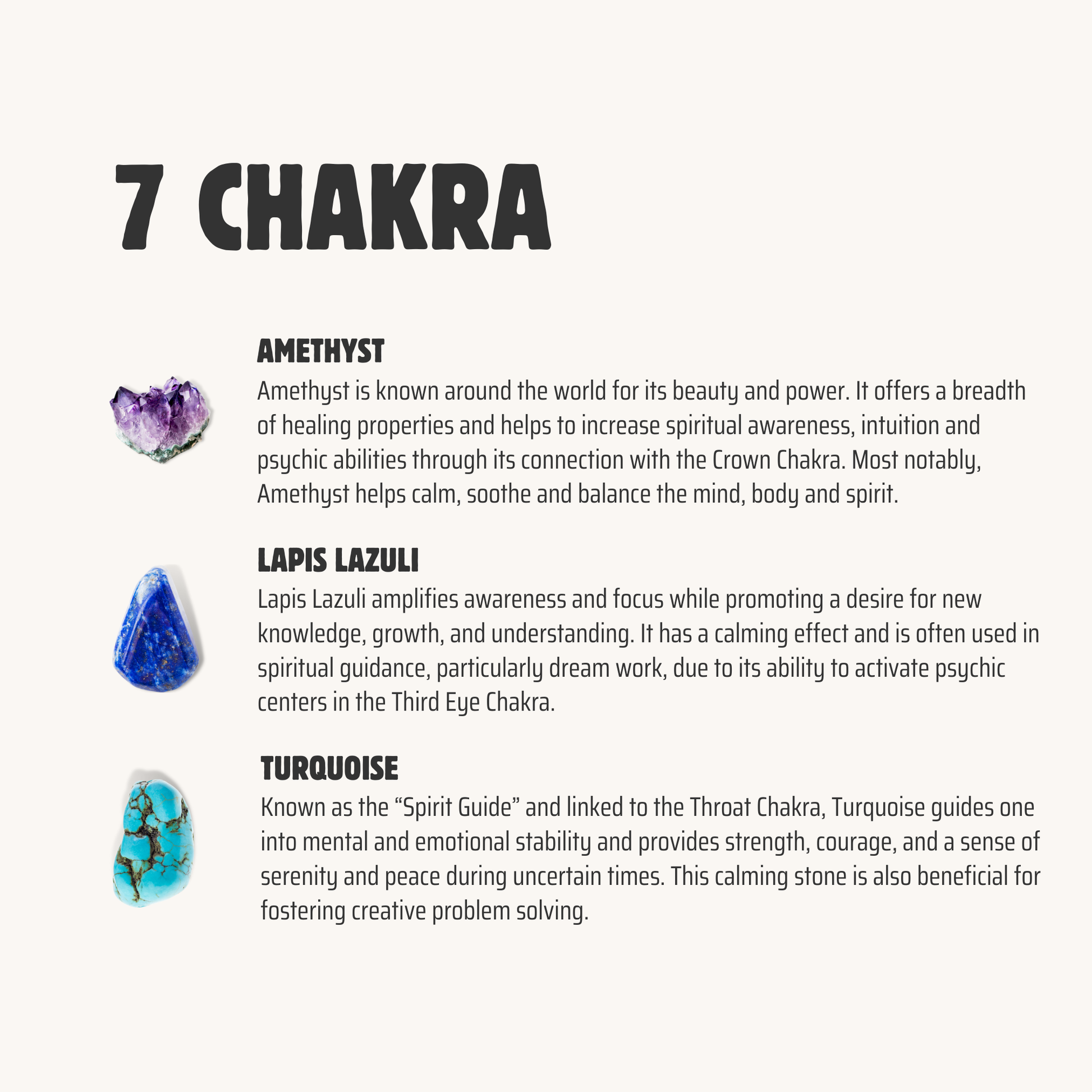 7 chakra crystal meanings chart featuring Amethyst, Lapis Lazuli, Turquoise, Green Aventurine, Tiger’s Eye, Orange Aventurine, and Red Jasper with descriptions.