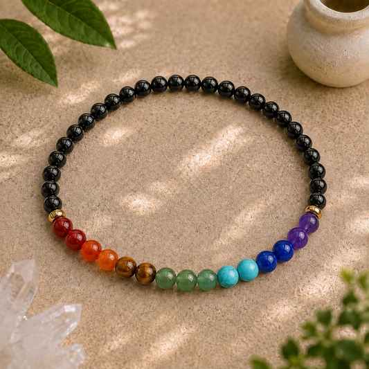 7 Chakra Black Obsidian Bracelet | Gold or Silver Accents