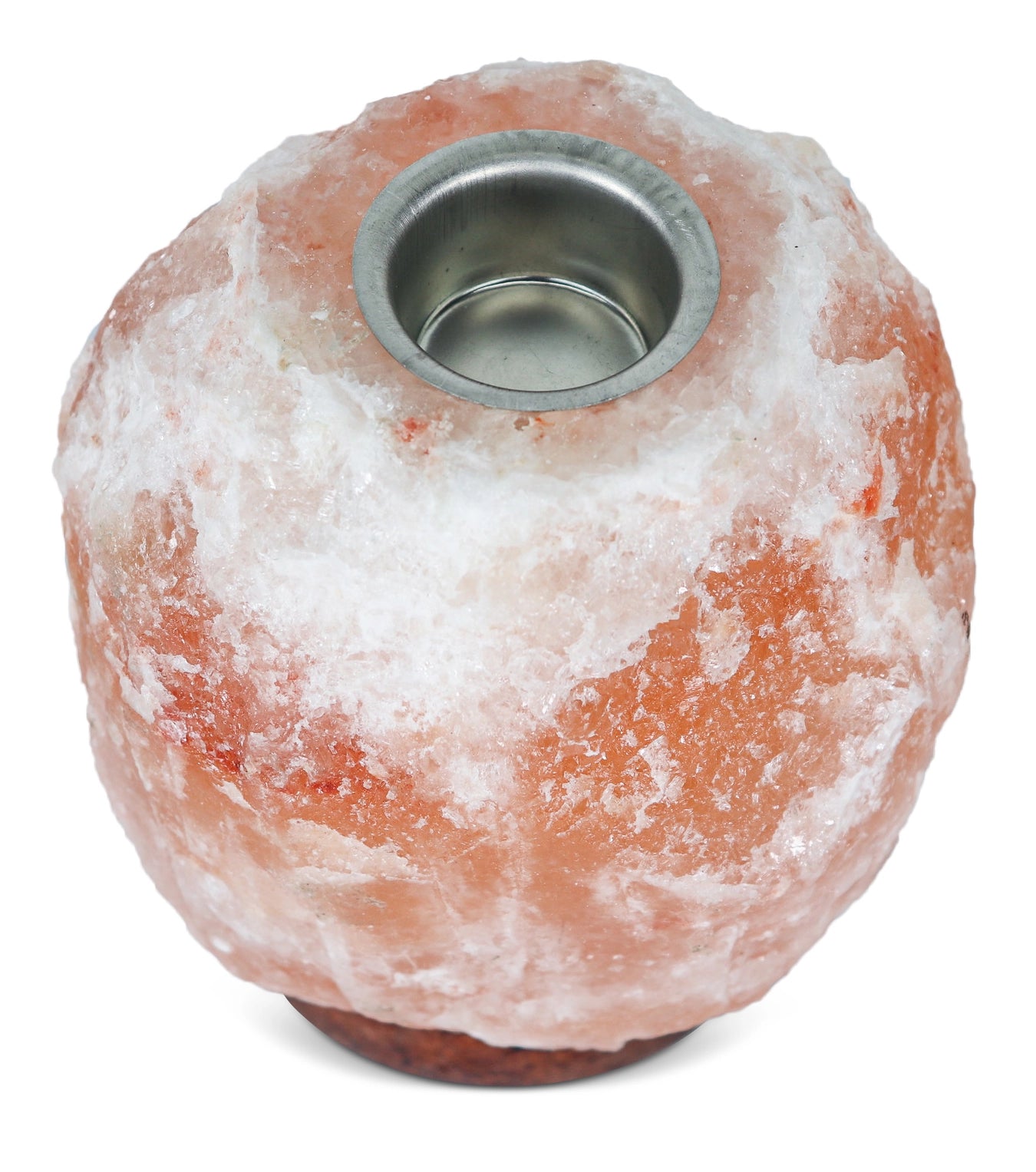 A salt lamp made from rough pinkish-orange salt with a polished silver metal wick holder on top, shown on a white background.