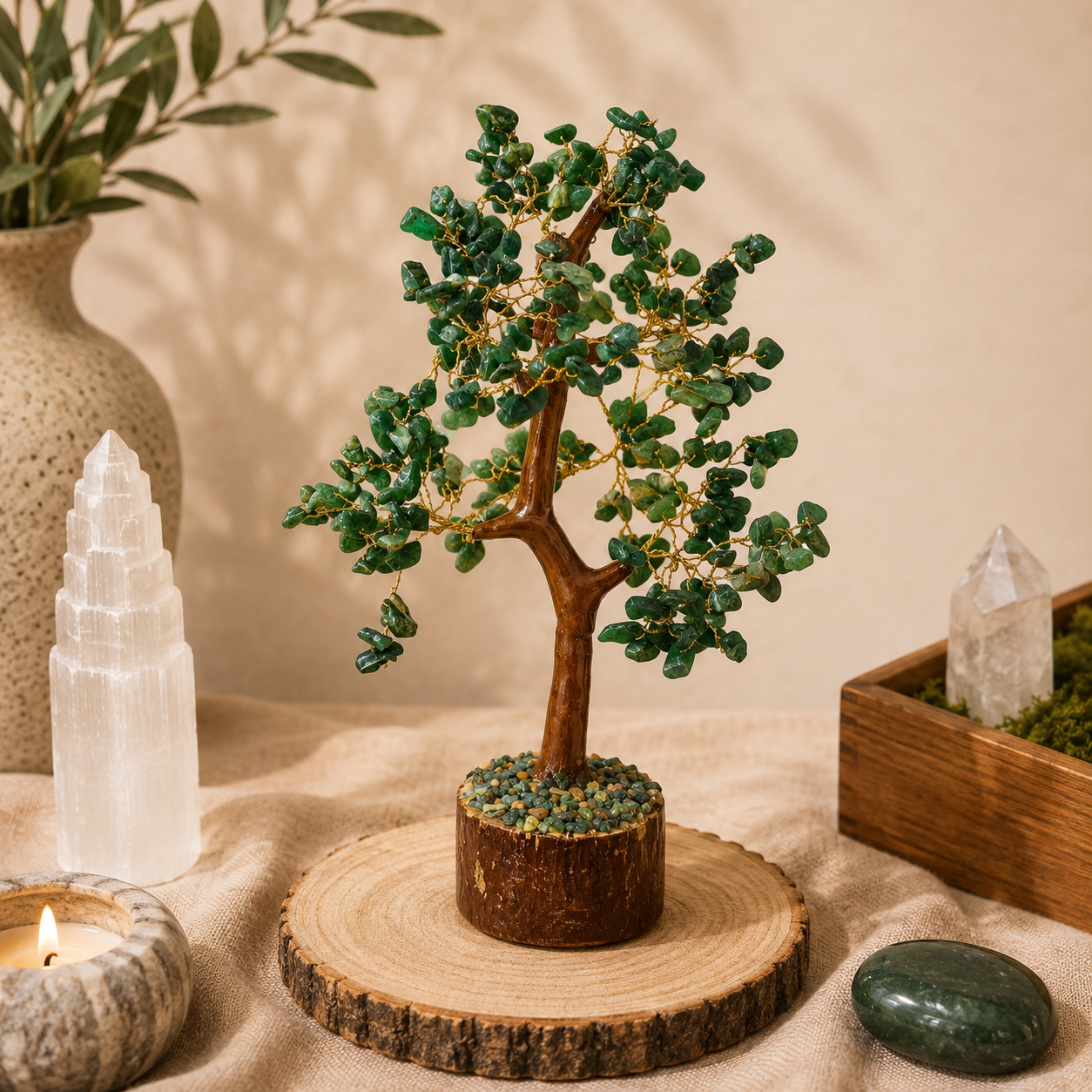 Handcrafted African Jade crystal tree featuring polished green gemstone leaves on gold wire branches and a natural wood trunk, displayed on a rustic wood slice. Styled with selenite, quartz, a candle, greenery, and earthy décor in a warm, calming boho-inspired setting.