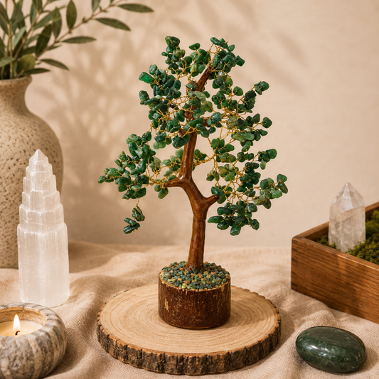 Handcrafted African Jade crystal tree featuring polished green gemstone leaves on gold wire branches and a natural wood trunk, displayed on a rustic wood slice. Styled with selenite, quartz, a candle, greenery, and earthy décor in a warm, calming boho-inspired setting.