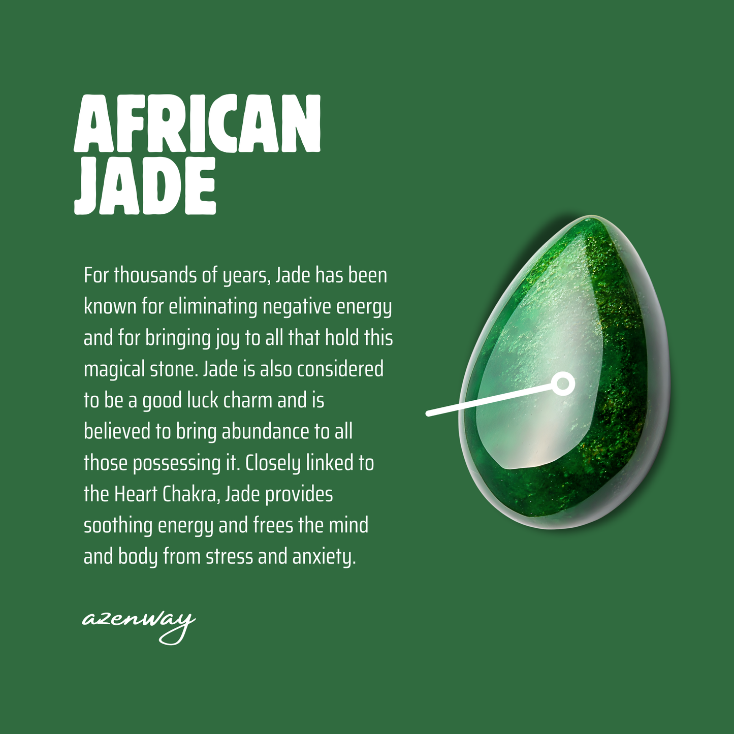 African Jade informational graphic showing the crystal, its meaning, and its energetic properties on a green background.