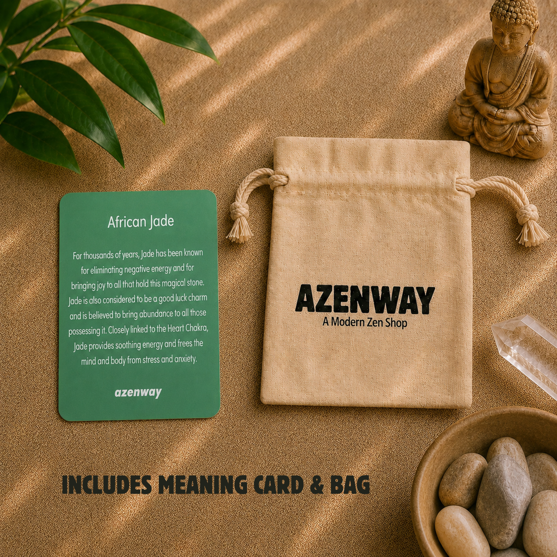African Jade meaning card and Azenway drawstring bag included with bracelet purchase, displayed on a warm zen-inspired backdrop.