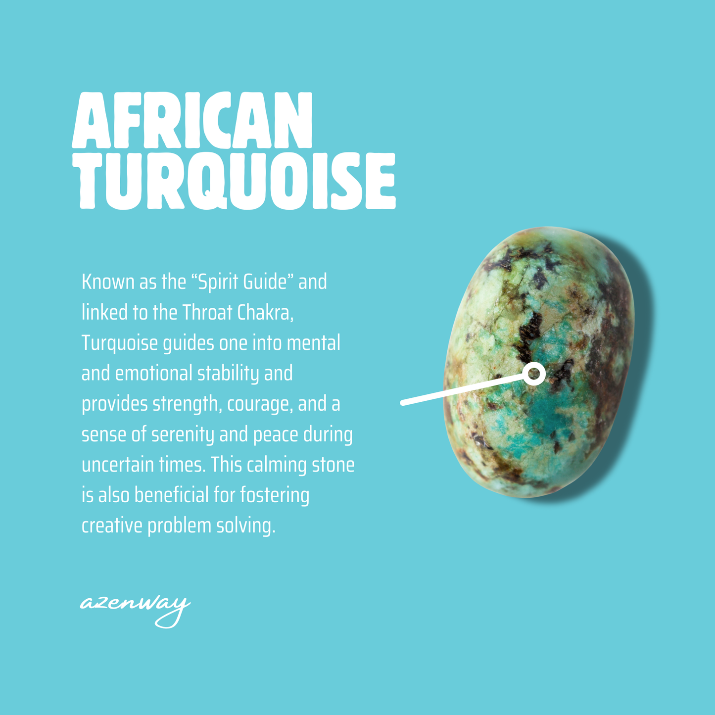 Azenway African Turquoise meaning card explaining the stone’s calming and guiding energetic properties.