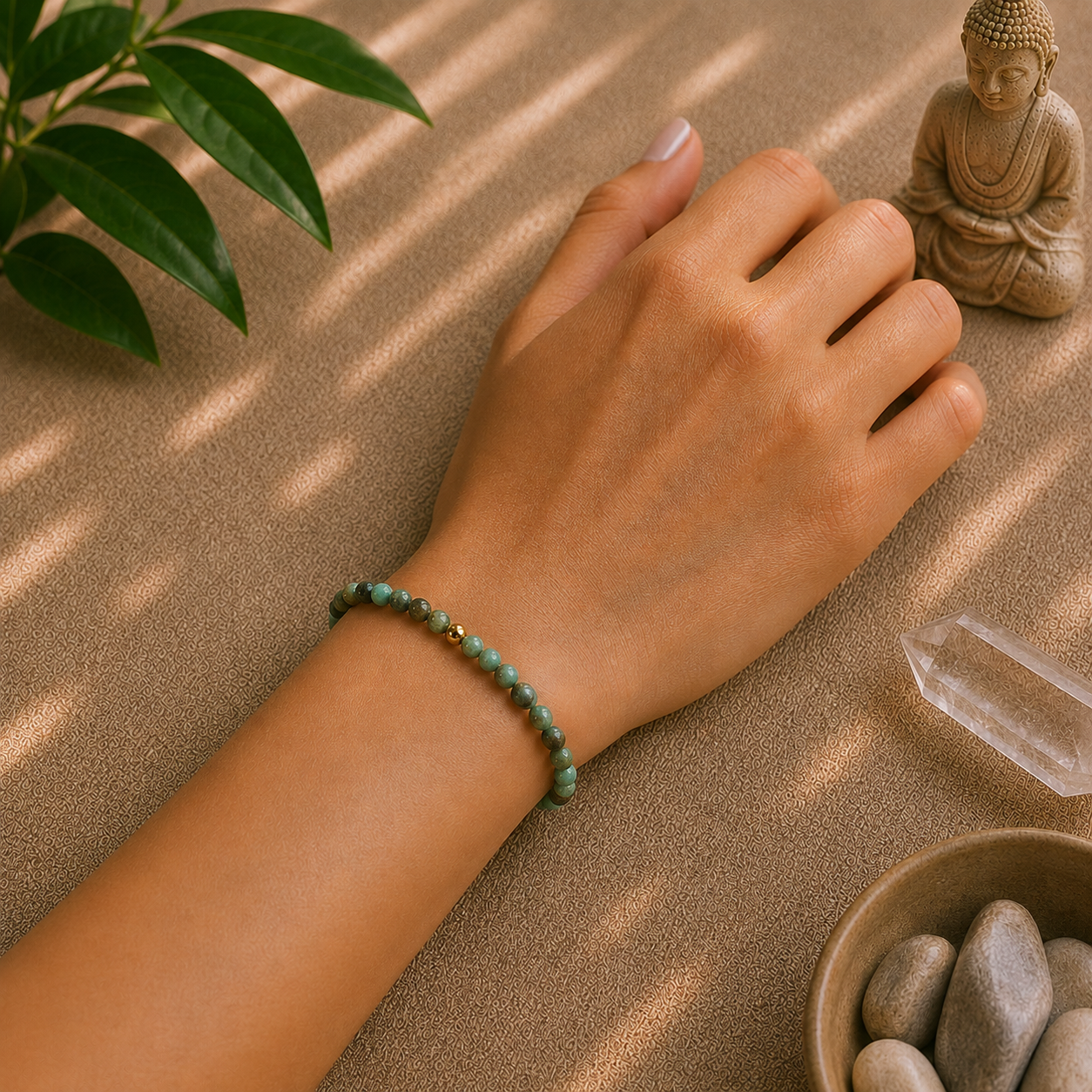 African turquoise bracelet with 4mm gemstone beads and a 14k gold-filled accent bead worn on the wrist in a warm zen setting.