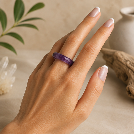 Polished amethyst crystal ring worn on a hand with a French manicure, styled against a warm beige zen-inspired background with clear quartz, driftwood, greenery, and a ceramic vase.