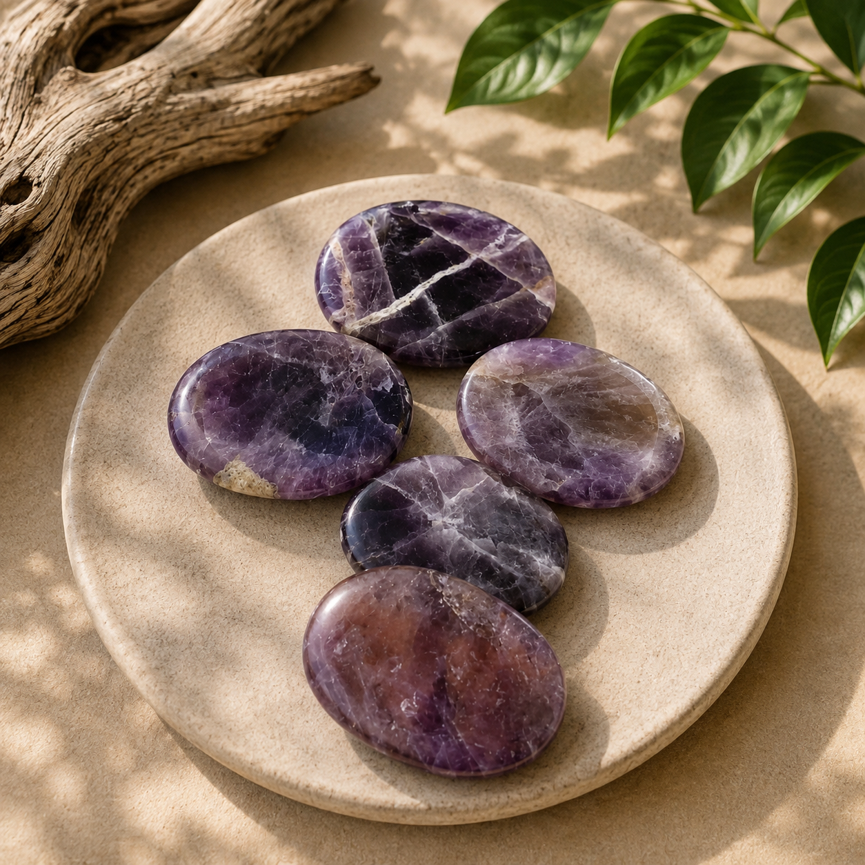 Five polished Amethyst worry stones displayed on a ceramic plate with natural wood and botanical accents. Smooth palm-sized purple crystals with unique natural patterns, perfect for meditation, mindfulness, and everyday stress relief.