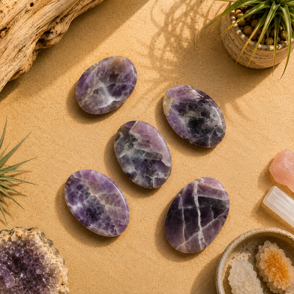 Five polished Amethyst worry stones displayed on a warm neutral surface with natural wood, crystals, and botanical accents. Smooth oval palm stones in rich purple hues, ideal for meditation, stress relief, mindfulness, and crystal healing.