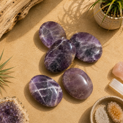 Five polished Amethyst worry stones arranged in a stacked display on a warm neutral surface with natural wood, crystals, and botanical accents. Smooth purple palm stones for meditation, relaxation, mindfulness, and crystal healing.