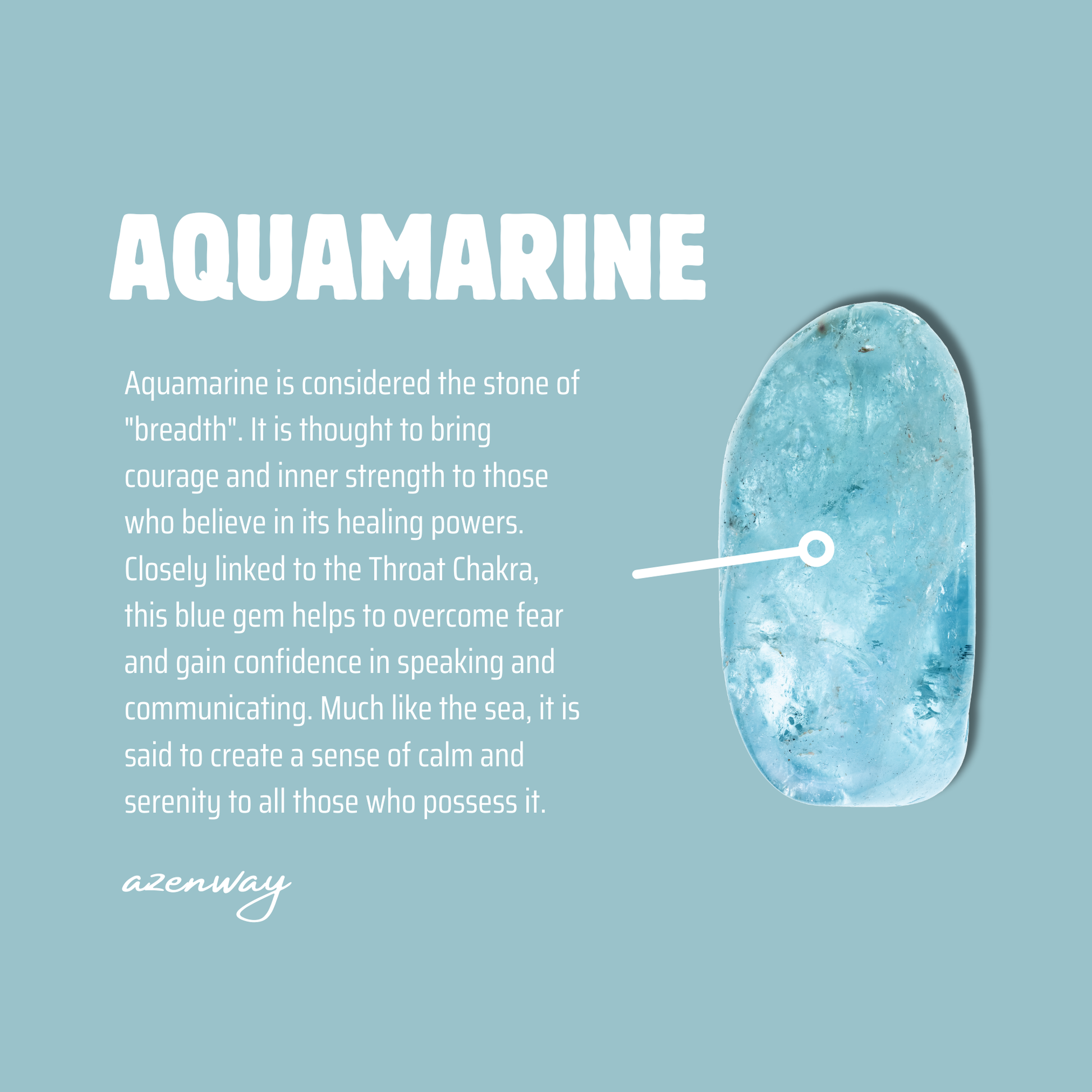 Aquamarine meaning card with blue background, gemstone image, and text describing Aquamarine’s calming and courage-boosting qualities.