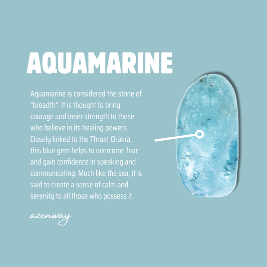 Aquamarine meaning card with blue background, gemstone image, and text describing Aquamarine’s calming and courage-boosting qualities.