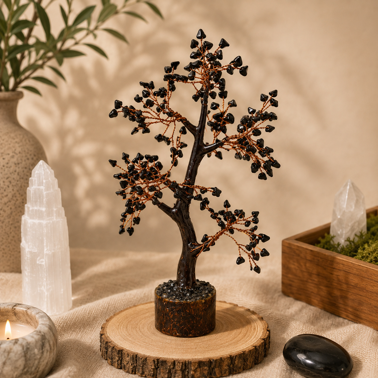 Handcrafted Black Obsidian crystal tree featuring polished black gemstone leaves on copper wire branches and a natural wood trunk, displayed on a rustic wood slice. Styled with selenite, quartz, a candle, greenery, and earthy décor in a warm, calming boho-inspired setting.
