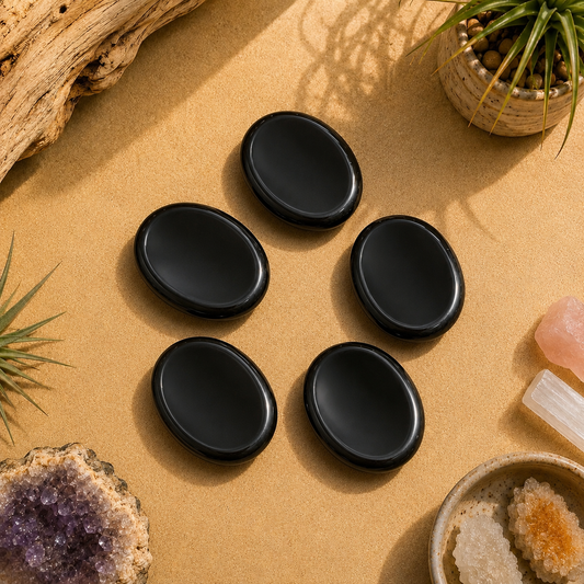 Five polished Black Obsidian worry stones displayed on a warm neutral surface with natural wood, crystals, and botanical accents. Smooth oval palm stones for grounding, meditation, stress relief, mindfulness, and crystal healing.