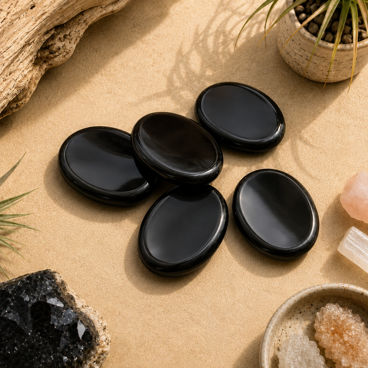 Five polished Black Obsidian worry stones arranged on a warm neutral surface with natural wood, crystals, and botanical accents. Smooth oval palm stones ideal for grounding, meditation, stress relief, mindfulness, and crystal healing.